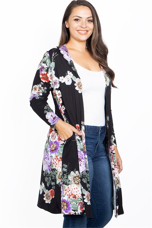 C82-A-3-C62896X BLACK WITH FLOWER PRINT PLUS ZIZE CARDIGAN 2-2-2