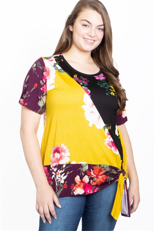 C92-A-2-T62878X YELLOW WITH FLOWER PRINT PLUS SIZE TOP 2-2-2