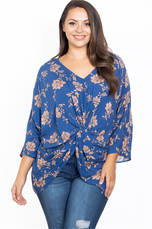 C24-A-2-T62592X BLUE TAUPE FLOWER PRINT PLUS SIZE TOP 2-2-2