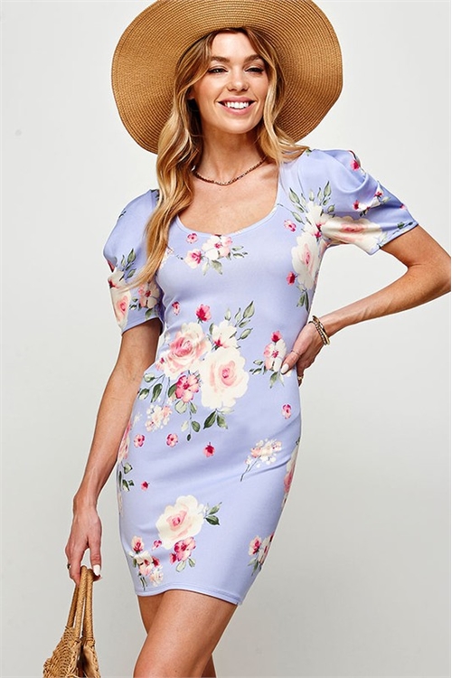 C18-A-1-MD4533-LAVENDER COMBO PUFF SLEEVE BODYCON FLORAL PRINT DRESS 2-2-2