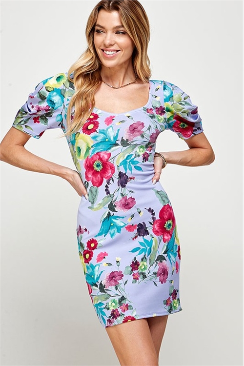 C16-A-2-MD4533-1-LAVENDER COMBO PUFF SLEEVES ACCENT FLORAL PRINT BODYCON DRESS 2-2-2