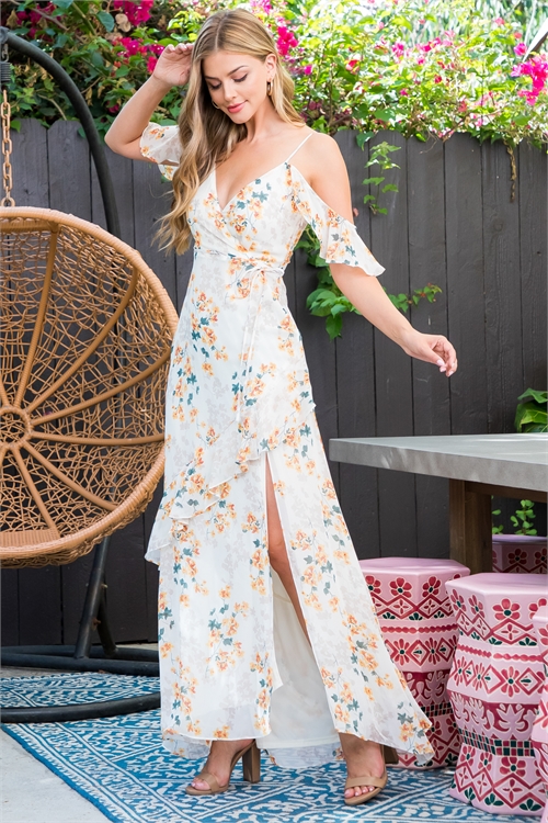 S8-4-4-D239-CREAM YELLOW RUFFLE DETAIL FLORAL MAXI DRESS 1-2-2-1