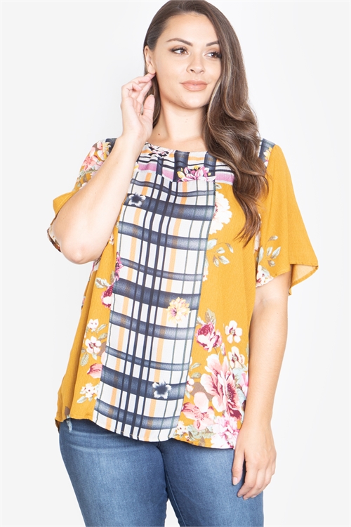 C38-A-2-T62930X-MUSTARD PLUS SIZE FLORAL PRINT TOP 2-2-2