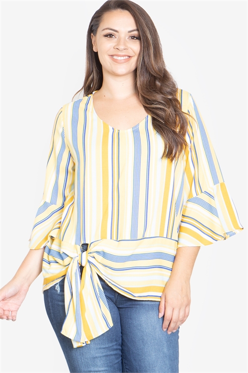 C44-A-1-T62796X-YELLOW MULTI-STRIPES BELL SLEEVE PLUS SIZE TOP 2-2-2