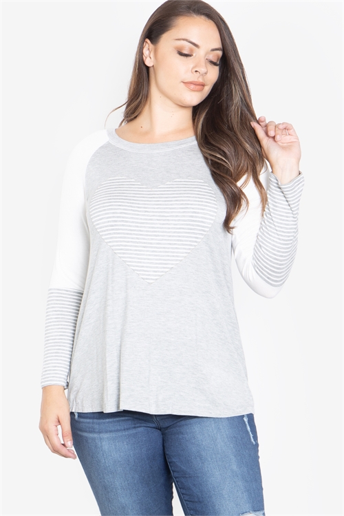 C48-B-1-T62032X-IVORY HEATHER GREY HEART STRIPES PLUS SIZE TOP 2-2-2