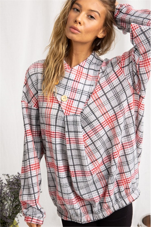 C24-B-1-T10191-GREY RED PLAID BUTTON DETAIL LONG SLEEVE TOP 2-2-2 (NOW $3.00 ONLY!)