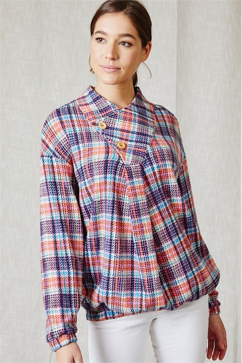 C28-A-1-T10191-NAVY MULTI PLAID BUTTON DETAIL LONG SLEEVE TOP 2-2-2 (NOW $3.00 ONLY!)