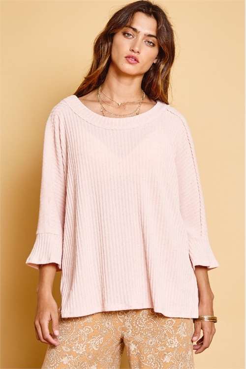 C16-B-1-T3617-BLUSH BELL SLEEVE RIB TOP 2-2-2 (NOW $ 3.50 ONLY!)