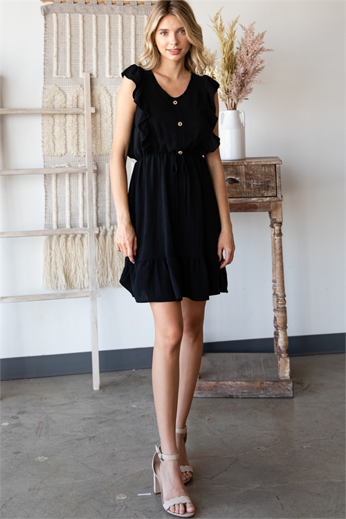 SA4-6-3-AD5198-BLACK FLUTTER SLEEVE V-NECK BUTTON FRONT DRESS 2-2-2-1