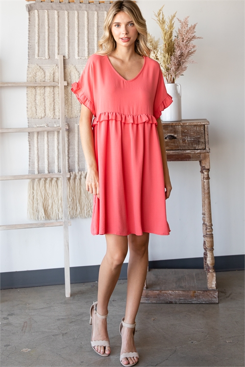 S7-8-2-AD4618-CORAL LOOSE FIT RUFFLE SLEEVE DRESS 2-2-2