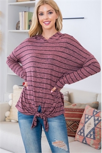 C84-A-3-BD1154-MARSALA LONG SLEEVE STRIPE HOODIE HACCI TIE FRONT TOP 1-2-2