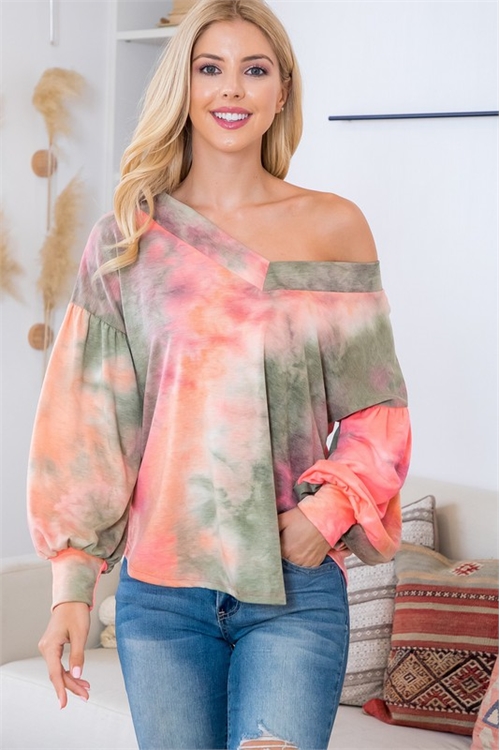 C64-A-2-AD4282-OLIVE LONG SLEEVE TIE DYE V-NECK TOP 2-2-2
