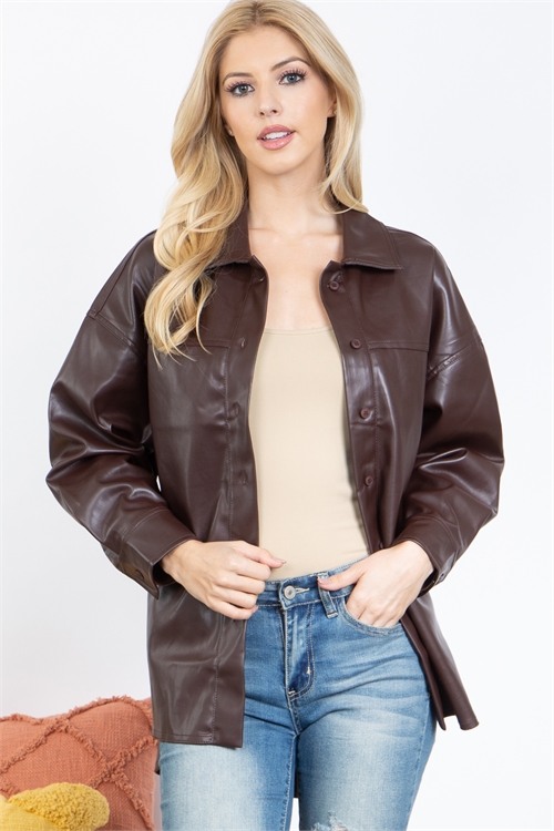 S15-5-3-J1001-DARK BROWN BUTTON DOWN FAUX LEATHER JACKET 2-2-2