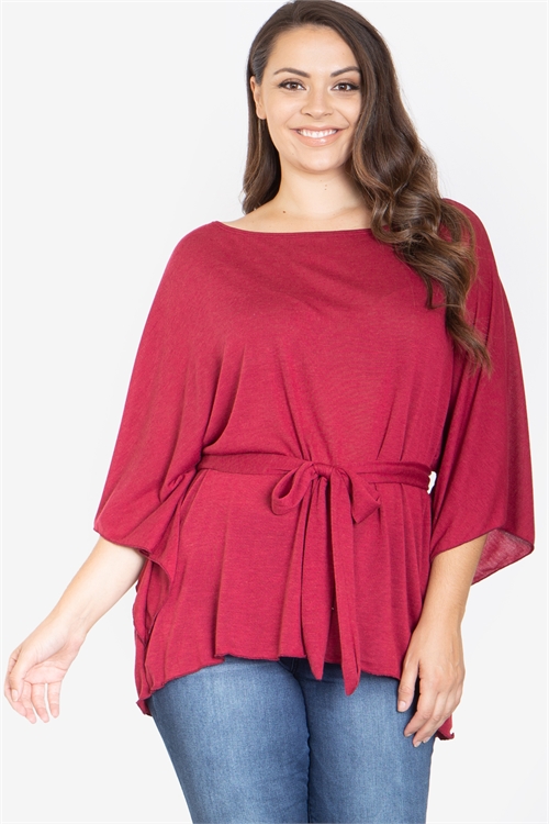 S10-14-3-T3550X-BURGUNDY PLUS SIZE QUARTER SLEEVE FRONT TIE TOP 2-0-1