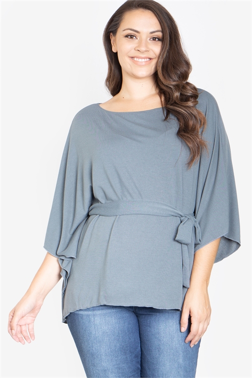 S14-5-4-T3550X-GREY PLUS SIZE QUARTER SLEEVE FRONT TIE TOP 1-4-1