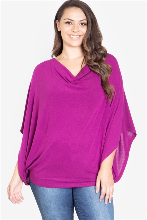 S15-3-3-T3731X-MAGENTA PLUS SIZE COWL NECKLINE DOLMAN SLEEVE TOP 2-2-2