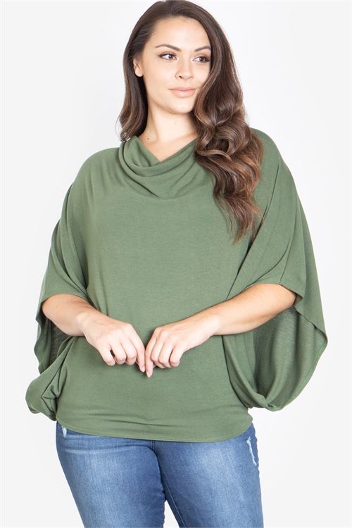 S15-3-3-T3731X-OLIVE PLUS SIZE COWL NECKLINE DOLMAN SLEEVE TOP 4-0-1