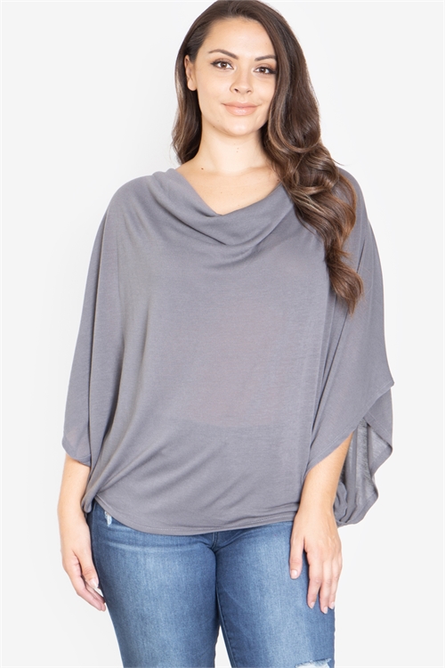 S11-8-4-T3731X-GREY PLUS SIZE COWL NECKLINE DOLMAN SLEEVE TOP 2-0-1