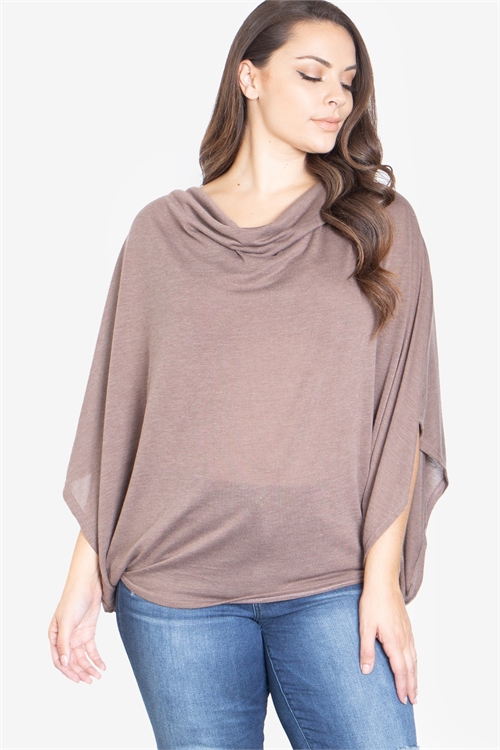 S16-4-4-T3731X-LIGHT BROWNPLUS SIZE COWL NECKLINE DOLMAN SLEEVE TOP 1-3-3