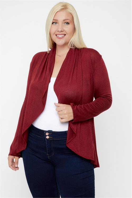 S16-6-3-C3814X-DARK RED PLUS SIZE LONG SLEEVE RUFFLE DETAIL CARDIGAN 2-2-2