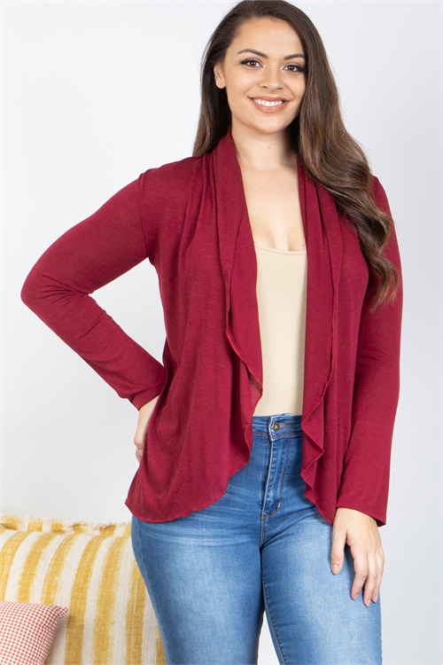 S9-13-3-C3814X-BURGUNDY PLUS SIZE LONG SLEEVE RUFFLE DETAIL CARDIGAN 2-2-2