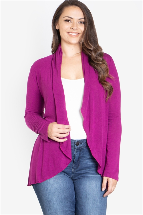 S9-5-4-C3814X-MAGENTA PLUS SIZE LONG SLEEVE RUFFLE DETAIL CARDIGAN 2-2-2