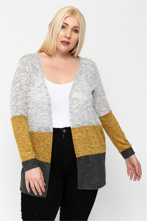 S14-10-2-C10001X-SILVER/MUSTARD/CHARCOAL PLUS SIZE COLOR BLOCK LONG SLEEVE TOP 2-2-2 (NOW $4.75 ONLY!)