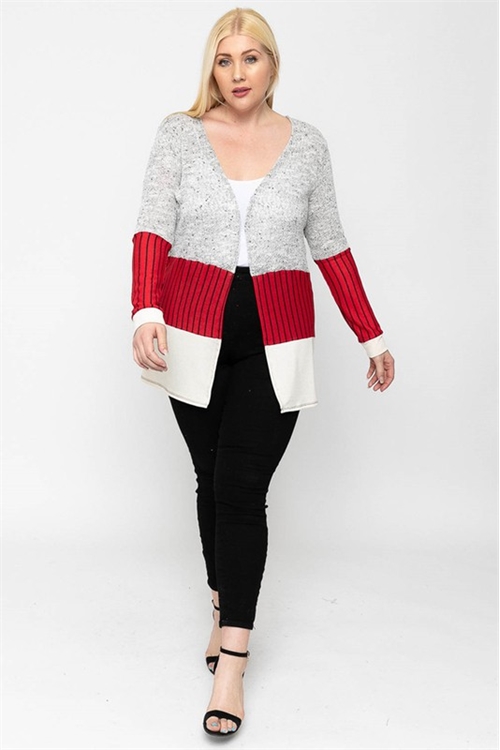 S12-4-3-C10001X-SILVER/RED/CREAM PLUS SIZE COLOR BLOCK LONG SLEEVE TOP 2-2-2
