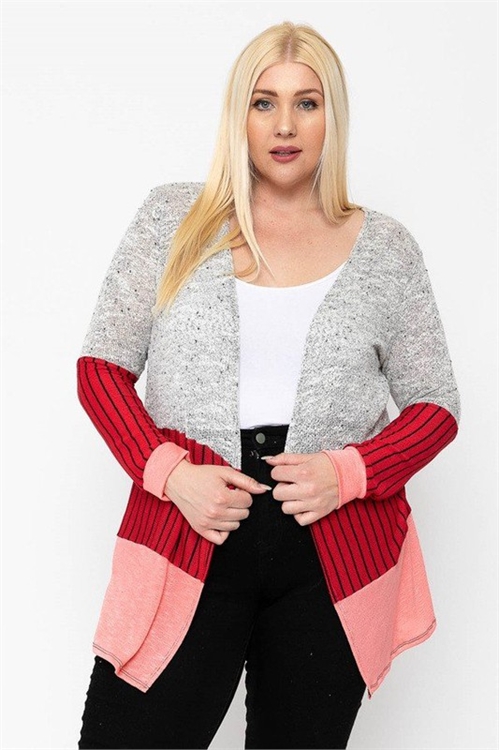 S12-4-3-C10001X-SILVER/RED/CORAL PLUS SIZE COLOR BLOCK LONG SLEEVE TOP 2-2-2 (NOW $4.75 ONLY!)