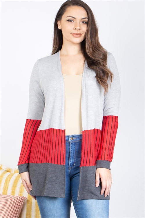 S9-7-1-C10001X-GREY/RED/CHARCOAL PLUS SIZE COLOR BLOCK LONG SLEEVE TOP 2-2-2 (NOW $4.75 ONLY!)