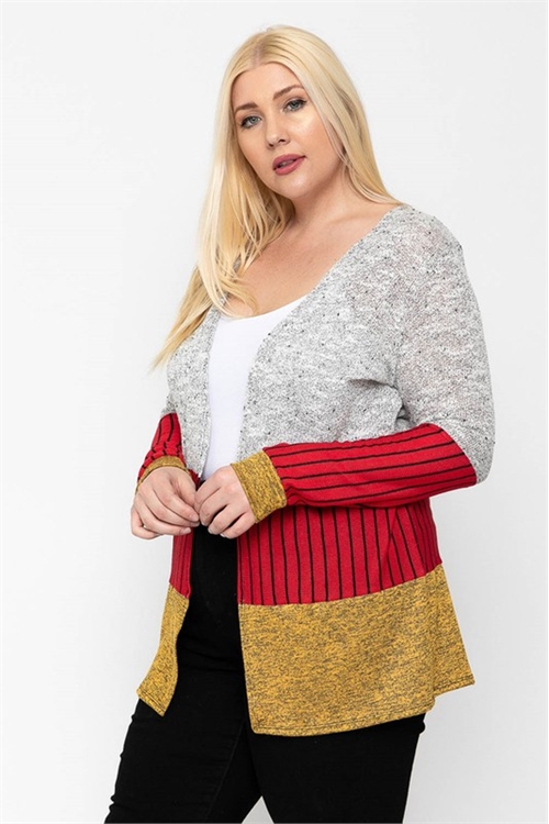 S10-8-2-C10001X-SILVER/RED/MUSTARD PLUS SIZE COLOR BLOCK LONG SLEEVE TOP 2-2-2 (NOW $4.75 ONLY!)