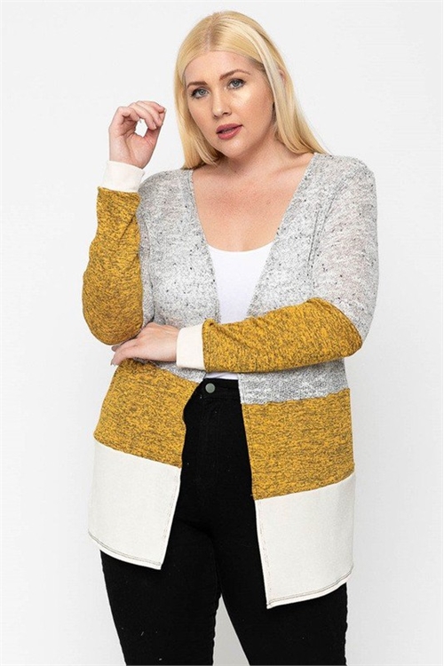 S10-9-2-C10001X-SILVER/MUSTARD/CREAM PLUS SIZE COLOR BLOCK LONG SLEEVE TOP 2-2-2 (NOW $4.75 ONLY!)