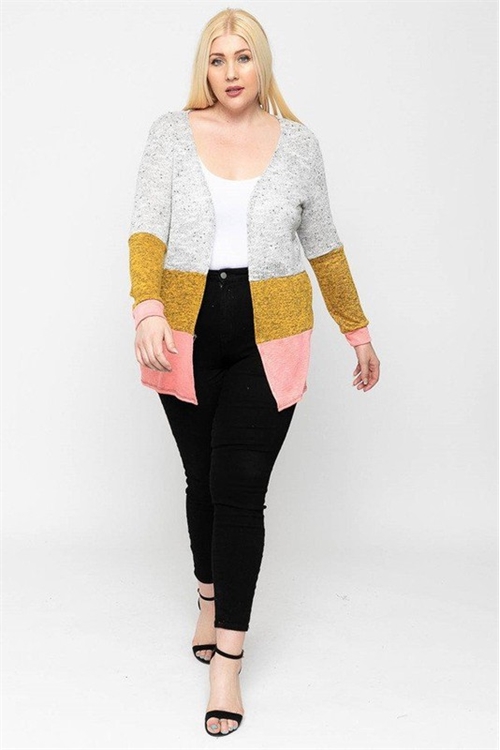 S10-9-2-C10001X-SILVER MUSTARD/CORAL PLUS SIZE COLOR BLOCK LONG SLEEVE TOP 2-2-2 (NOW $4.75 ONLY!)