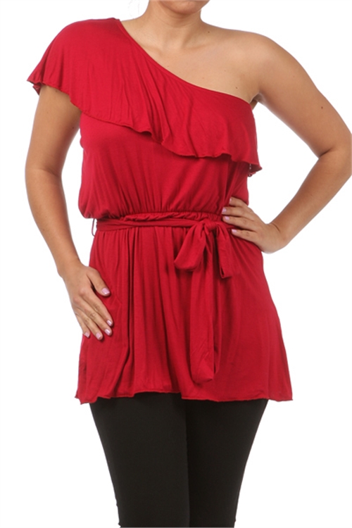 SA3-4-3-T3816X-RED PLUS SIZE ONE SIDE COLD SHOULDER TOP 2-2-2