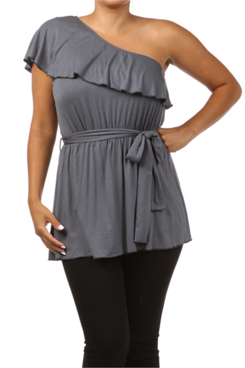 S8-4-2-T3816X-GREY PLUS SIZE ONE SIDE COLD SHOULDER TOP 2-2-2