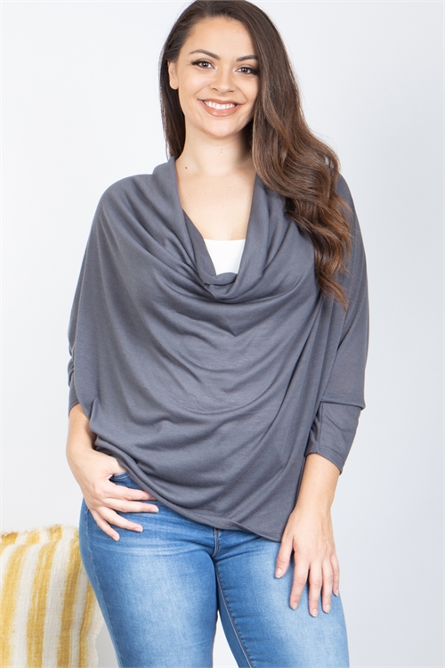 S16-9-1-T3737X-CHARCOAL#1 PLUS SIZE COWL NECKLINE DOLMAN SLEEVE TOP 2-2-2 (NOW $ 3.00 ONLY!)