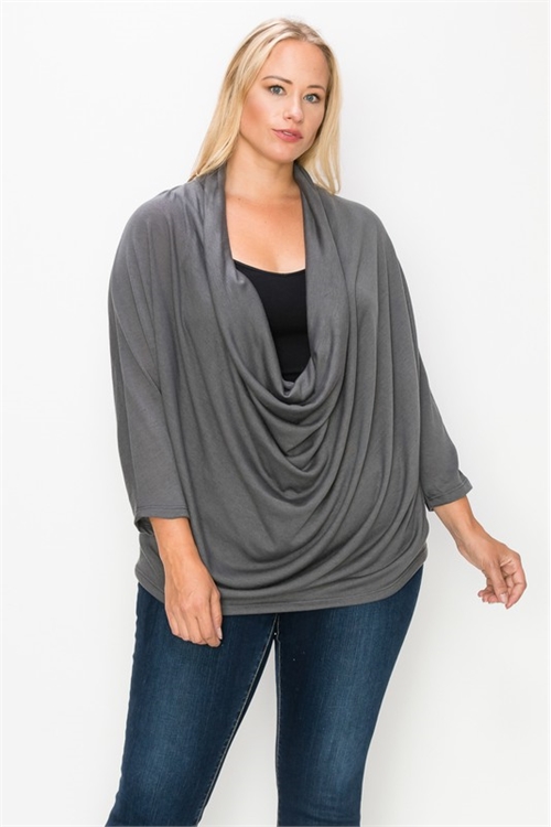 S13-3-3-T3737X-GREY#1 PLUS SIZE COWL NECKLINE DOLMAN SLEEVE TOP 2-2-2 (NOW $ 3.00 ONLY!)