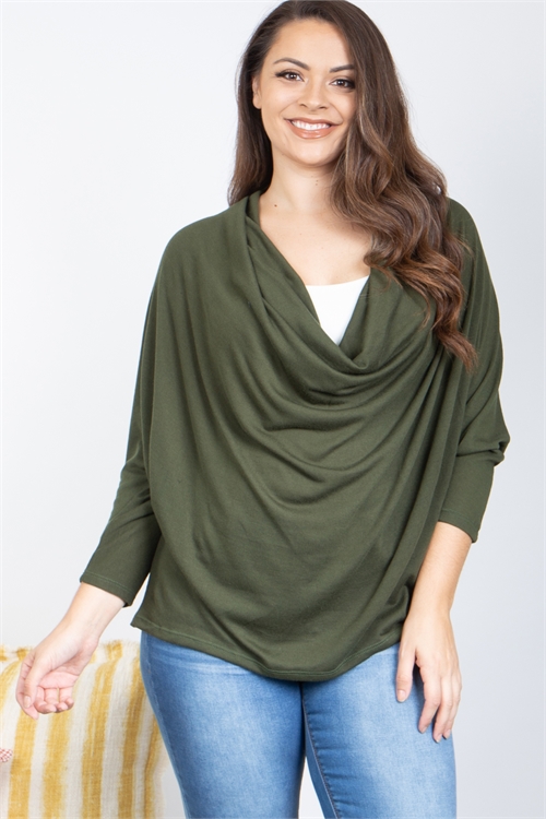 S10-5-4-T3737X-OLIVE#1 PLUS SIZE COWL NECKLINE DOLMAN SLEEVE TOP 2-2-1