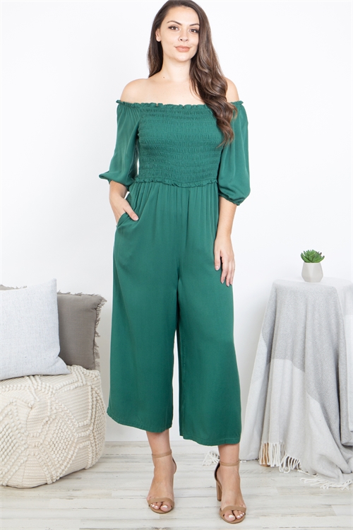 SA4-4-1-J7904X-GREEN PLUS SIZE PUFF SLEEVE SMOCKED TOP JUMPSUIT 2-2-2