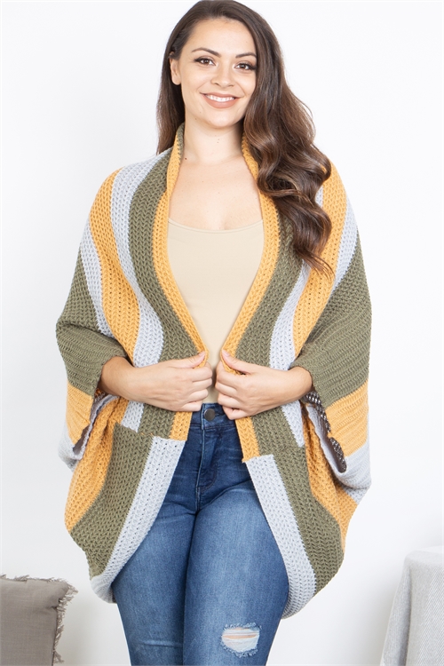 S5-7-2-C5382X-OLIVE MUSTARD PLUS SIZE COLOR BLOCK CARDIGAN 3-3 (NOW $6.75 ONLY!)