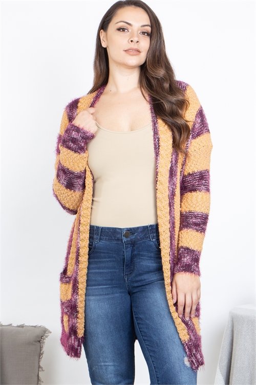 SA4-6-1-C10563X-MUSTARD PLUM PLUS SIZE STRIPES CARDIGAN 2-2-2 (NOW $ 4.75 ONLY!)