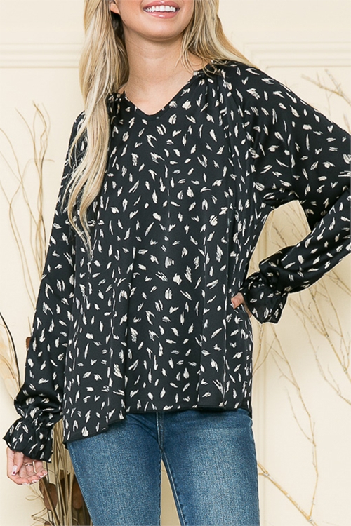 C28-B-1-T0145FE-BLACK TAUPE PRINTED LONG SLEEVE TOP 2-2-2