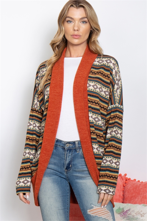 C32-B-1-C11409-RUST TEAL PRINTED OPEN FRONT CARDIGAN 1-2-2