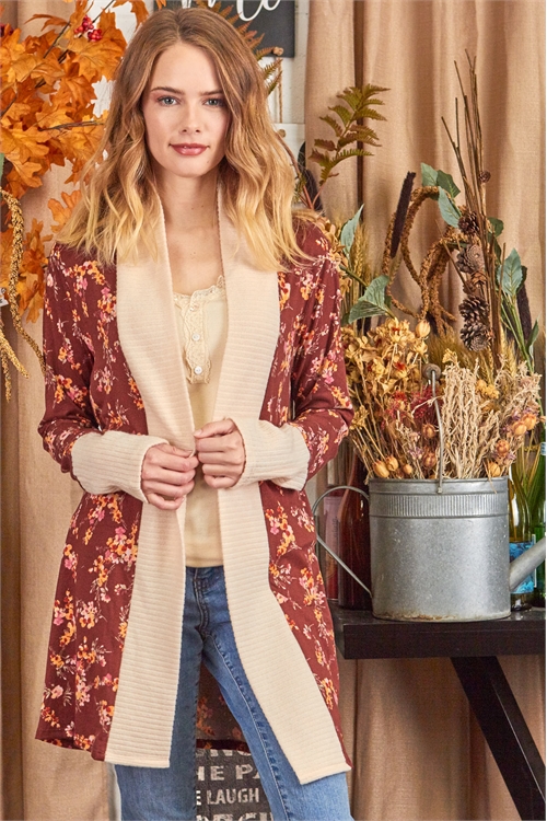 C8-A-3-C17660-RUST RIB CONTRAST FLORAL CARDIGAN 2-2-2