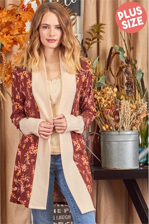 C70-A-3-C17660X-RUST/CREAM PLUS SIZE FLORAL CARDIGAN 2-2-2  (NOW $5.75 ONLY!)