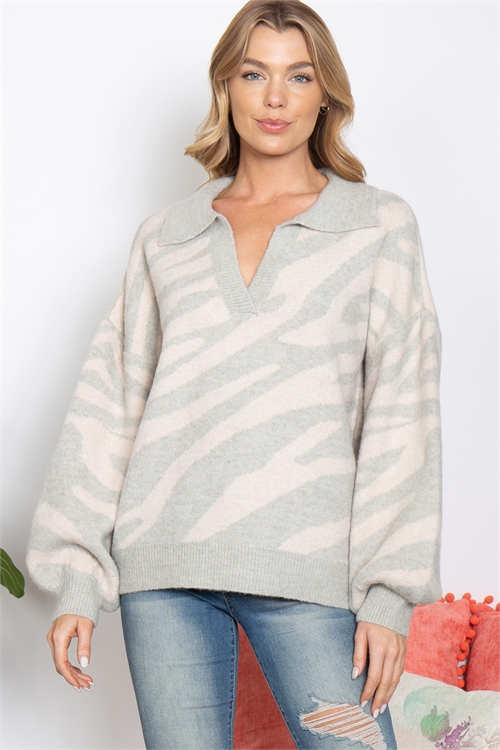 S16-4-3-S12W2294-HEATHER GREY ANIMAL PRINTED PUFF SLEEVE SWEATER 2-2-2