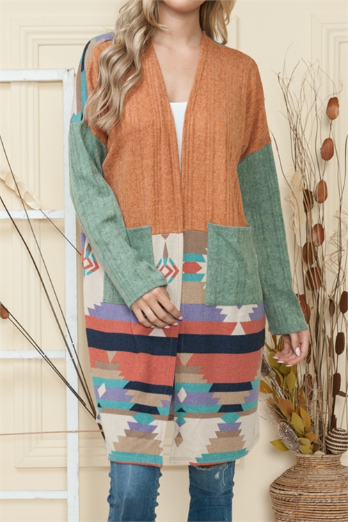 C44-A-1-C6304-CAMEL OLIVE AZTEC PRINTED FRONT POCKET CARDIGAN 2-2-2