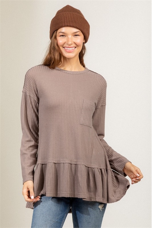 S9-9-1-T10038-MOCHA WAFFLE KNIT RUFFLE HEM TUNIC TOP 2-2-2