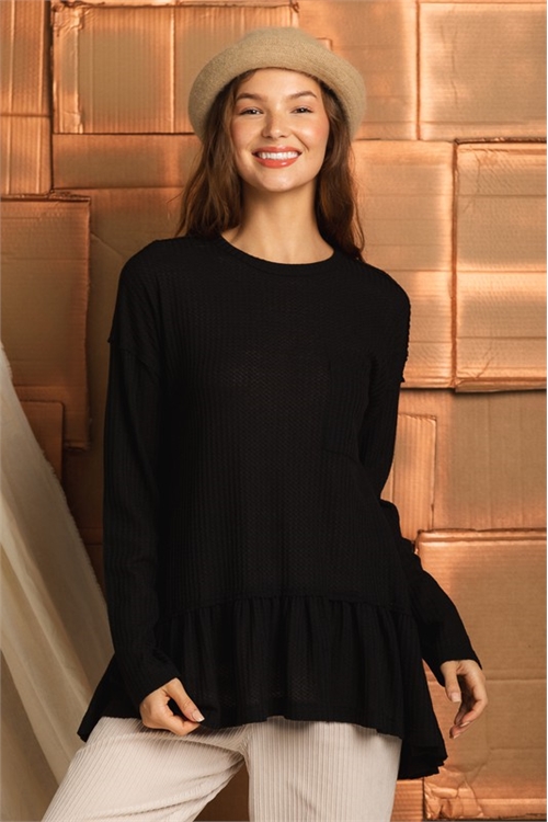 S9-10-3-T10038-BLACK WAFFLE KNIT RUFFLE HEM TUNIC TOP 2-2-2