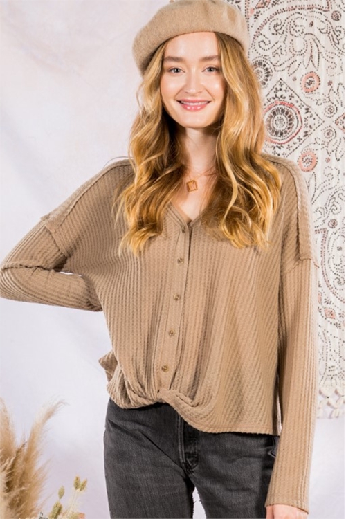 S9-7-1-T10017-OLIVE WAFFLE KNIT FRONT TWISTED DETAIL TOP 2-2-2